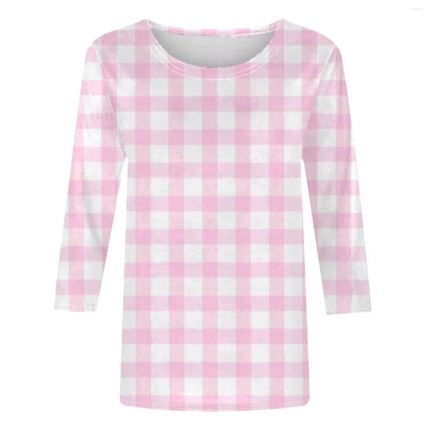 Blusas de mujer, suéter a cuadros para mujer, camisas con cuello redondo, mangas tres cuartos, blusas holgadas de moda informales simples con bloques de Color para mujer