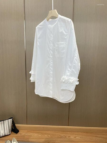 Blouses Femmes Femmes Plissées Volants Poignets Décor Blouse Début Automne Dames O-cou Blanc Simple Boutonnage À Manches Longues Chemise Lâche Et Hauts