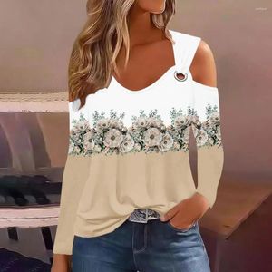 Blouses Femmes Femmes Polyester Top Fleur Imprimer Chemisier à épaules dénudées Doux Respirant Col en V Mi-longueur pour Automne Printemps Creux Out