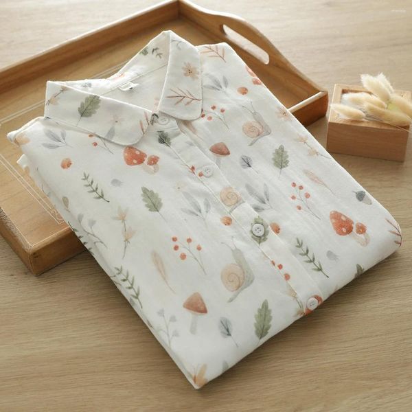 Blusas de mujer Camisas estampadas de hilo de algodón de manga larga para mujer Tops Chicas Mori estilo japonés estampado de setas ropa femenina suelta