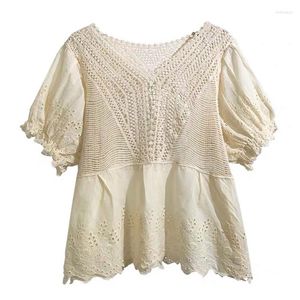 Women's Blouses Women Puff Half Sleeve Lace Blouse Hollow Crochet Knit Zie door v-hals shirt borduurwerk bloemenstrand flowy peplum top