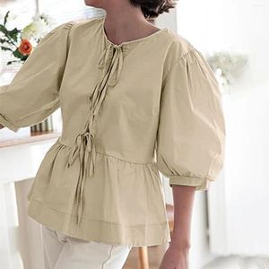 Blouses pour femmes Femmes Puff Short Shirts Peplum Tip Front Ruffle Hem Blouse Sweet Tops Teen Girls Lace Up Mignon Summer