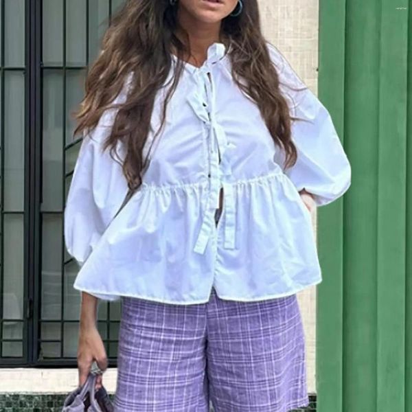 Blouses pour femmes Femmes Puff Short Shirts Peplum Tip Front Ruffle Hem Blouse Tops Teen Girls Lace Up Mignon Summer Sunblock Long