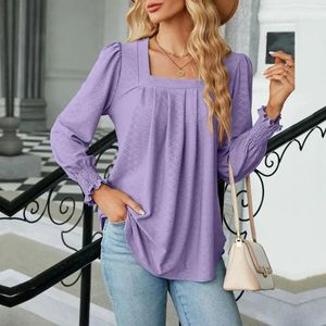 Damesblouses Dames truitop Zacht elastisch T-shirt Chique jacquardblouse met vierkante kraag Losvallende tops voor de lente