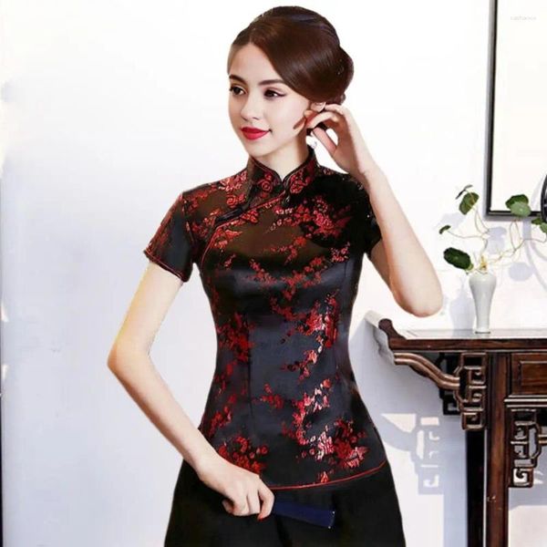 Blouses pour femmes Femmes Qipao Tops Floral Imprimé traditionnel chinois Collier de support court à manches courtes Cheongsam Vêtements féminins pour usure quotidienne