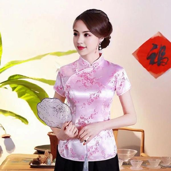 Blouses pour femmes Femmes Qipao Tops Retro Stand Collar Short Sleeve Cheongsam Floral Imprimé traditionnel chinois Blouse