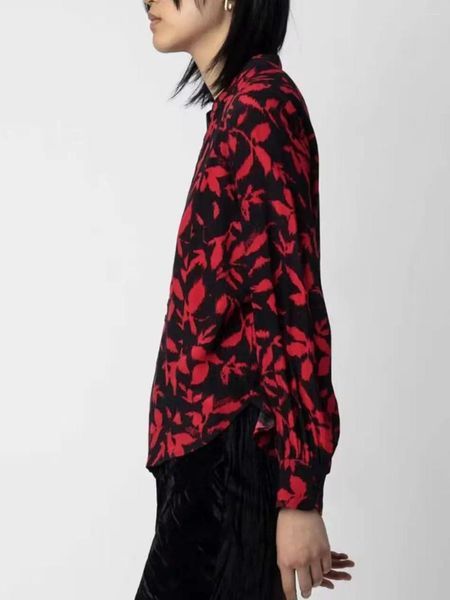 Blusas de mujer Blusa de manga larga con estampado floral rojo Moda Retro para mujer Camisa y blusas elegantes de un solo pecho 2023 Principios de otoño