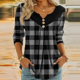 Blouses Femmes Femmes T-shirt de coupe régulière T-shirt de Noël à carreaux Chemisier à col en V avec décor de boutons Tops tuniques à manches longues pour les vacances streetwear