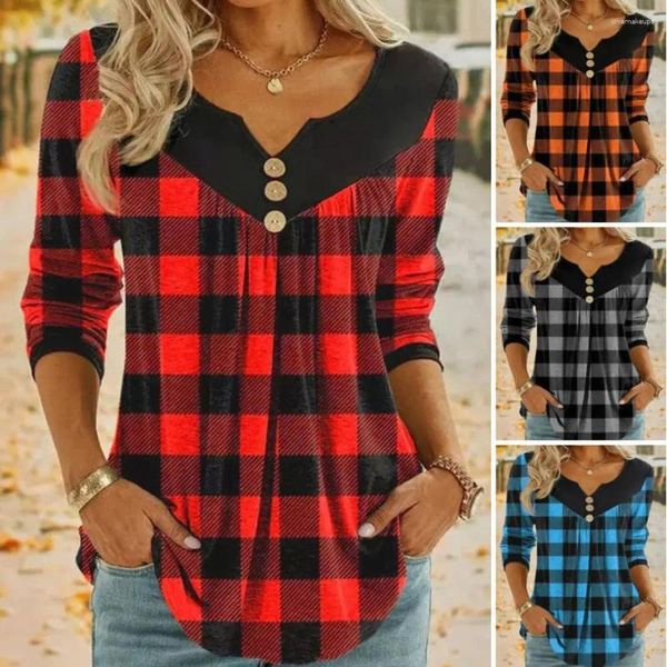 Blouses Femmes Femmes Coupe régulière T-shirt Noël Plaid Chemisier à col en V avec manches longues Bouton Décor Mi-longueur Streetwear Tunique Tops