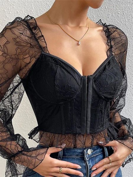 Blouses Femmes Femmes Rétro Blouse Dentelle Longue Manches Bouffantes Coupe Basse Slim Fit Crop Tops Été Automne Sexy Élégant Casual Corset Chemises