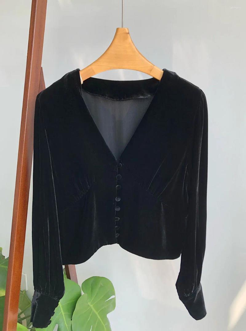 Женские блузки, женская элегантная шелковая рубашка в стиле ретро, черная бархатная рубашка с v-образным вырезом и длинными рукавами, блузка, топ