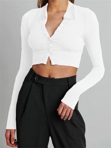 Blouses Femmes Femmes Côtelé Crop Tops Couleur Unie À Manches Longues Revers Boutonné Chemises De Base Club Sexy Casual Automne Blouse Streetwear