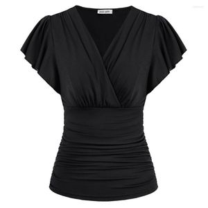 Blusas de mujer, blusas ajustadas fruncidas para mujer, blusa informal de manga corta con volantes, sobrepelliz con cuello en V, blusa envolvente elegante A30