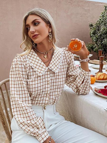 Blouses pour femmes Office d'automne femme Lady Gingham Modèle carré Matte de femme Casual V-Colk Brown Skinny Blouse Sleeves régulières féminines