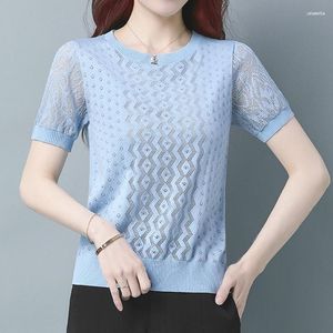 Blusas femininas moda feminina manga curta solta renda camiseta verão oco gelo seda blusa de malha casual inferior topos o pescoço