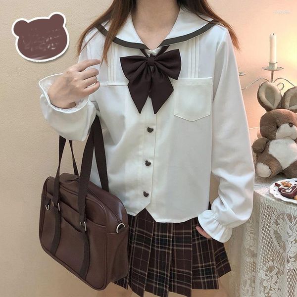 Blouses Femmes Femmes Lolita Kawaii Ours Bouton Chemises Blanches Adolescentes Col Marin Blouse Preppy Japonais Doux JK Uniforme Scolaire