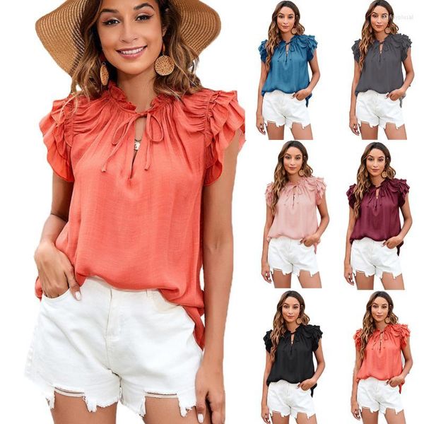 Blusas de mujer, camisas de mujer, jersey negro, camisa de verano 2023 para mujer, blusa rosa de manga corta con volantes y escote en V profundo con cordones para mujer