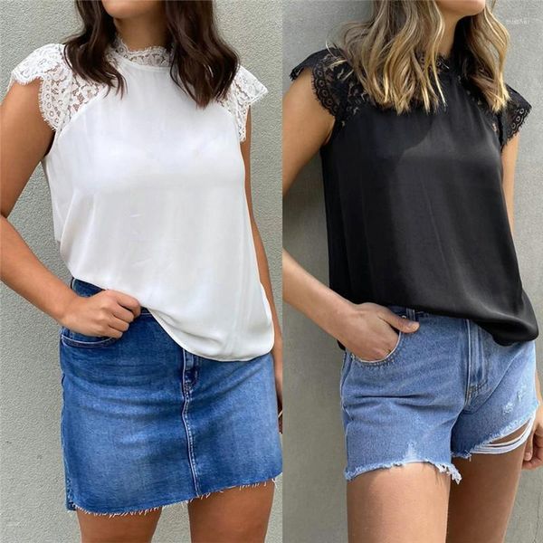 Blusas para mujer, camisas elegantes de verano de manga corta para mujer, blusas rectas sexis de cuello alto con encaje 2022, moda urbana en blanco y negro