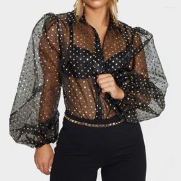 Dames blouses dames shirts feitong mode chiffon blouse dames dames tops en sexy gaas ploka dot puff puff mouw see-through