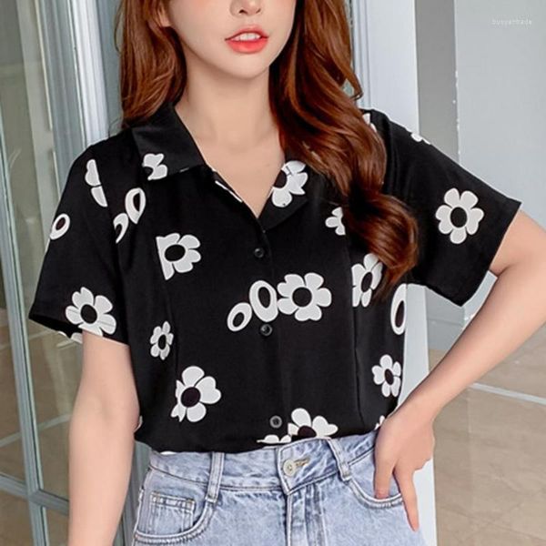 Blouses Femmes Chemises pour femmes Filles Streetwear Fleur Imprimer En Mousseline De Soie À Manches Courtes Femmes Mince Lâche Top Été Casual Blouse De Bureau