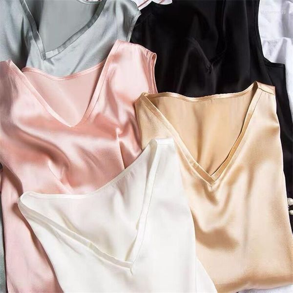 Blusas de mujer, camisas de mujer, chaleco de seda coreana para mujer, camiseta sin mangas de satén de talla grande, Tops de hielo con cuello Halter, verano 2022, gasa sin mangas para mujer