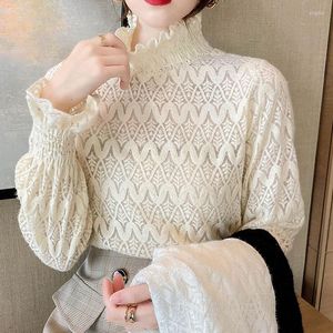 Blouses Femmes Chemises Femmes S-XL Coréen 2022 Vintage Floral Crochet Blanc Dentelle Blouse Femmes Tops Col Roulé Évasé Manches Longues