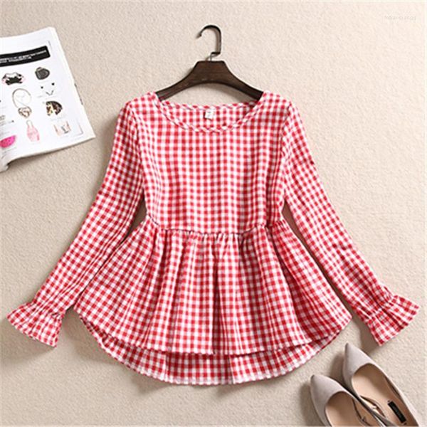 Blouses pour femmes Chemises pour femmes printemps automne femmes coton lin chemisier décontracté volants amples Plaid femme à manches longues bas Blusas