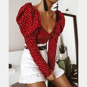 Chemisiers pour femmes Chemises pour femmes Vintage Polka Dot Femmes Bouffées À Manches Longues Wrap Top Élégant 2023 À Lacets Rouge Crop Blouse Sexy Dos Nu