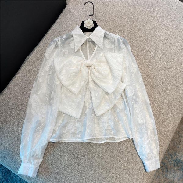 Blouses Femmes Chemises pour femmes Chemise en dentelle à nœud blanc Femmes 2022 Printemps Arrivées Style coréen Doux Broderie Perle Boucle Mesh Top