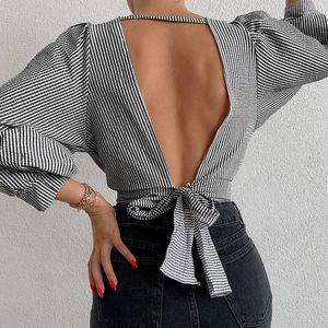 Women's Blouses Damesoverhemden Dames Tie open achterhirt Striped Patroon Lantaarn Mouw Deep V-Neck Slim Crop Tops Sexy streetwear