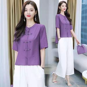 Blusas de mujer Verano de mujer Estilo tradicional chino Tops Algodón Lino Cheongsam suelto Mujer Vintage Hebilla Hanfu Camisas