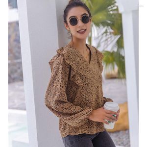 Chemisiers pour femmes Femmes Hauts décontractés à volants Col en V Léopard Confort Tunique Coupe ample Manches longues Chemises Top Polyester Plus