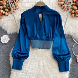 Blusas de mujer Blusa de satén con cuello alto y cintura Tihin camisa ajustada urbana para mujer mangas largas acampanadas Top corto con cuentas planas