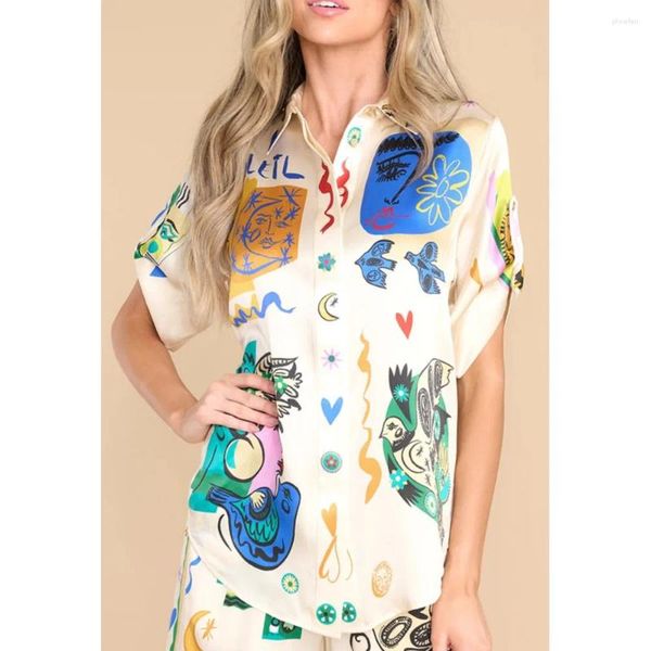 Blusas De Mujer Camisa De Satén para Mujer Verano Elegante Solapa De Un Solo Pecho Tótems Vintage Impreso Blusa Suelta Manga Corta Ropa para El Hogar Tops