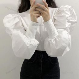 Dames Blouses Dames Schroefdraad Patchwork Hyperbool Grote Pofmouwen Wit Zwart Kleur O-hals Koreaans Gevoel voor design Blouse Slank Plus