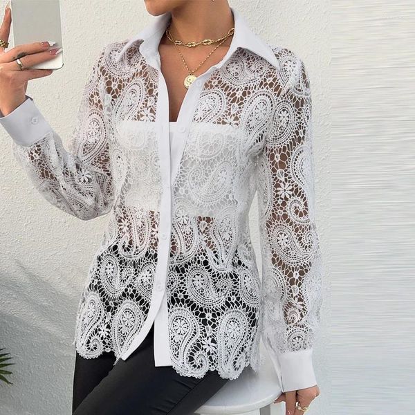 Blouses Femmes Femmes See-through Commuting Tops T-shirt 2024 Broderie Creux Out Blouse Sexy Blusa Lady Tempérament Solide Manches Longues