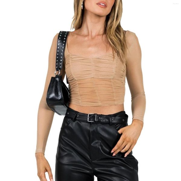 Blouses pour femmes Femmes Chemise en maille transparente Casual Manches longues Pull plissé Tops courts Streetwear Clubwear
