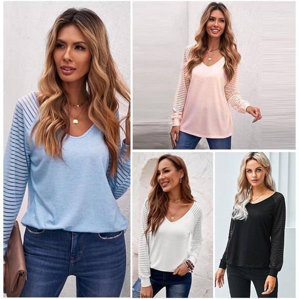 Blusas de mujer Blusa de manga larga sexy para mujer Primavera Sutumn con cuello en V Diseño de retazos Camisa de oficina blanca de moda Camisetas de mujer vintage