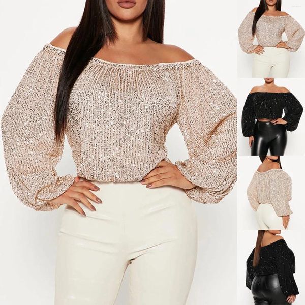 Blouses Femmes Femmes Sexy Hors Épaule Crop Tops Blouse À Manches Longues Paillettes Scintillantes Chemises Party Club Brillant Top Blusas Feminina