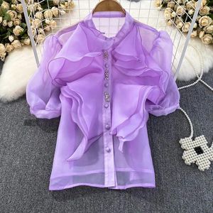 Blouses Femmes Femmes Sexy Voir à travers Belle 2024 Summe Manches courtes Organza Ruff Chemises Femme et Blouse Top Vêtements gratuits