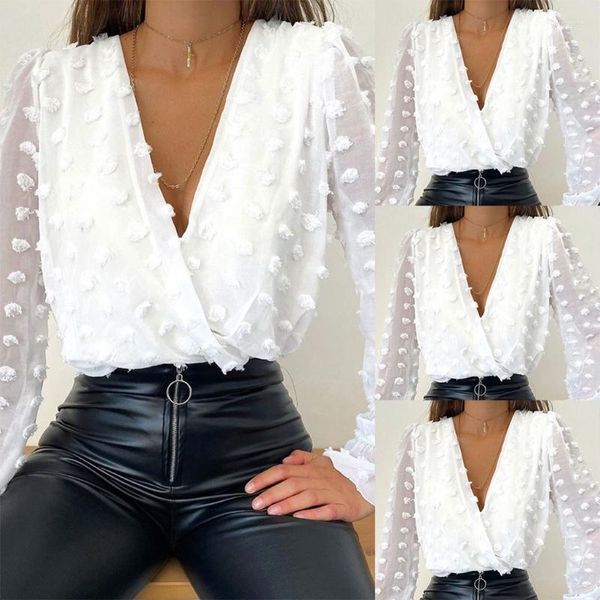 Chemisiers Femme Sexy Wrap Col V Profond Chemises Blanc Gland Pois Jacquard Manches Longues Maille Blouse Vintage Ourlet Élastique Décontracté Lâche