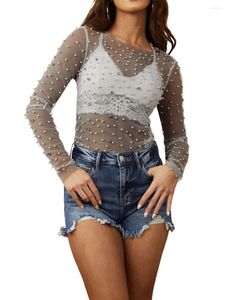 Blusas para mujeres Mujeres Perlas brillantes Rhinestones Copas de manga larga Cuerpo redondo de cuello de malla VER A TRAVÉS