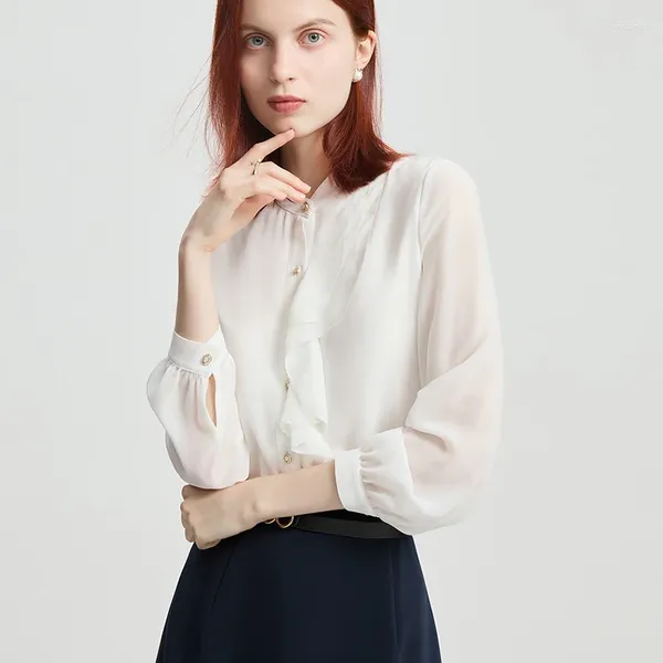 Blusas para mujer Camisa para mujer 2024 Otoño Blanco Borde con volantes Moda para mujer Commuter Ladies Tops Ropa hermosa