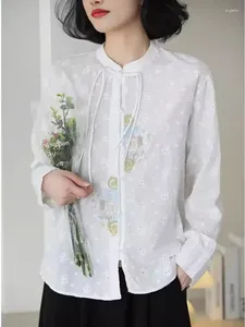 Dames blouses dames shirt 2024 lente zomer casual mandarijn kraag knop borduurwerk lange mouwen bovenste slanke blouse