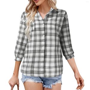 Dames blouses dames shirt allemaal match trendy casual revers knop geruite print zonbescherming lange mouw streetwear dagelijks losse top