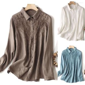 Dames blouses dames shirt katoen linnen plus size kleding geborduurde blouse knop omhoog lange mouw top vrouwelijke witte kantoor dames