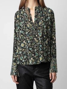 Blouses Femmes Femmes Chemise Floral Col V À Lacets Poignets Strass 2024 Printemps Vintage Lâche Chemisier À Manches Évasées