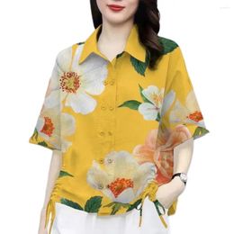 Blouses pour femmes chemises revers à manches courtes motif de fleurs à double poitrine double crampon latéral