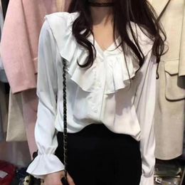 Damesblouses Damesoverhemd Pullover Sweatshirt Tops Lange pofmouwen V-hals Ruche zoom Knoppen Chiffon blousetop Truien