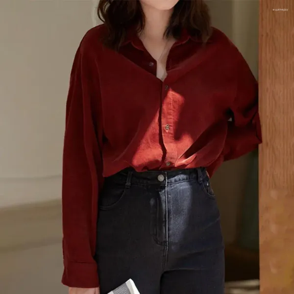 Blouses Femmes Femmes Chemise Pure Couleur Simple Boutonnage Collier à manches longues Cardigan Soft Casual Rétro Rouge OL Commute Blouse Lady